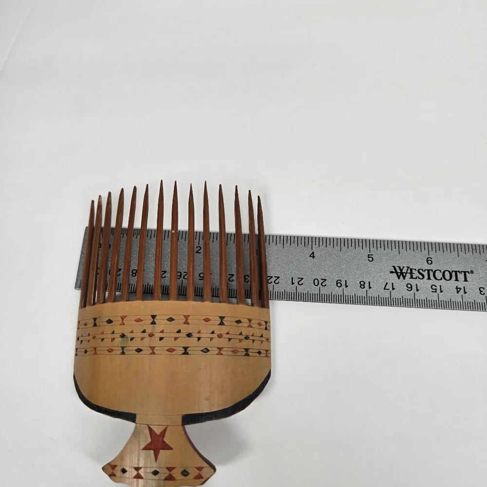 Vintage Hand Carved Wooden Hair‎ Pick Comb Hand Painted Unique Star Design